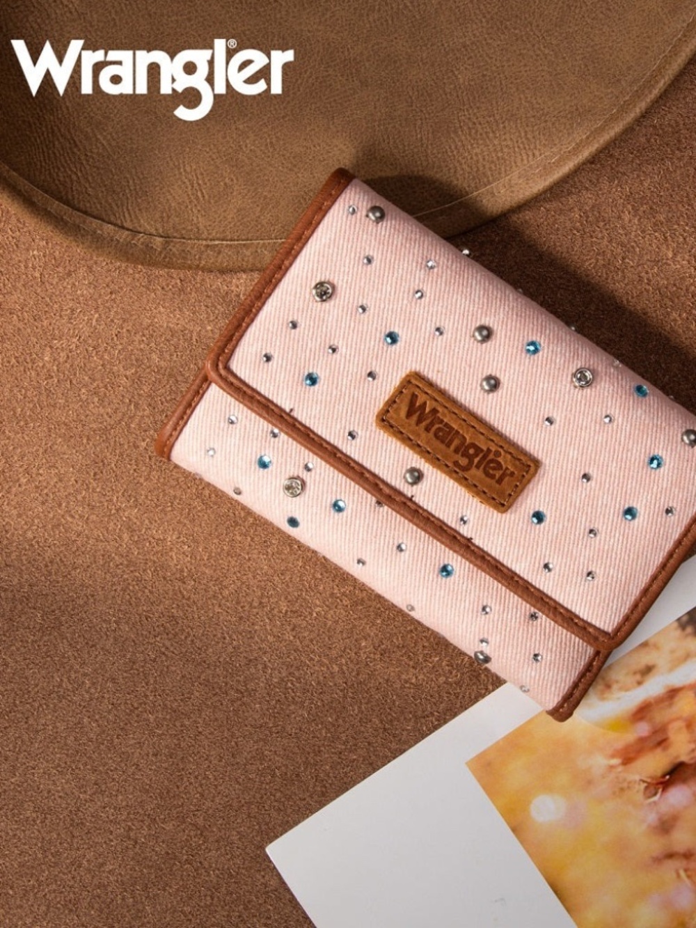 Wrangler Rhinestone Denim RFID Trifold Wallet Pink
